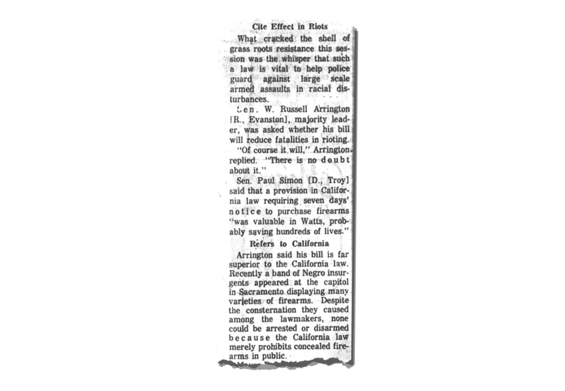 A Chicago Tribune news clipping cites a gun owner bill was passed to reduce rioting and to aid police against racial disturbances. 