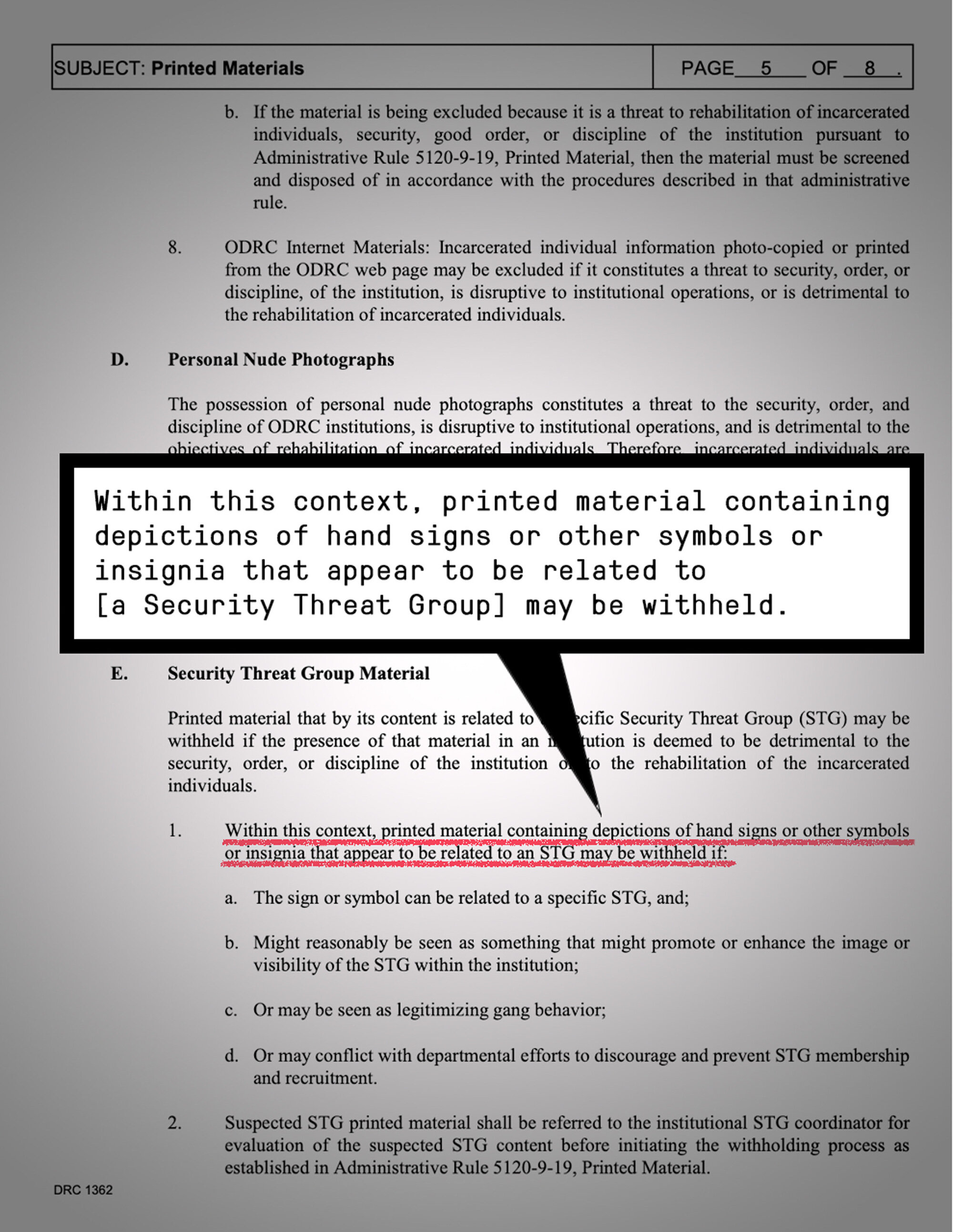 Policy memo with highlighted text that reads: “Within this context, printed material containing depictions of hand signs or other symbols or insignia that appear to be related to [a Security Threat Group] may be withheld.”